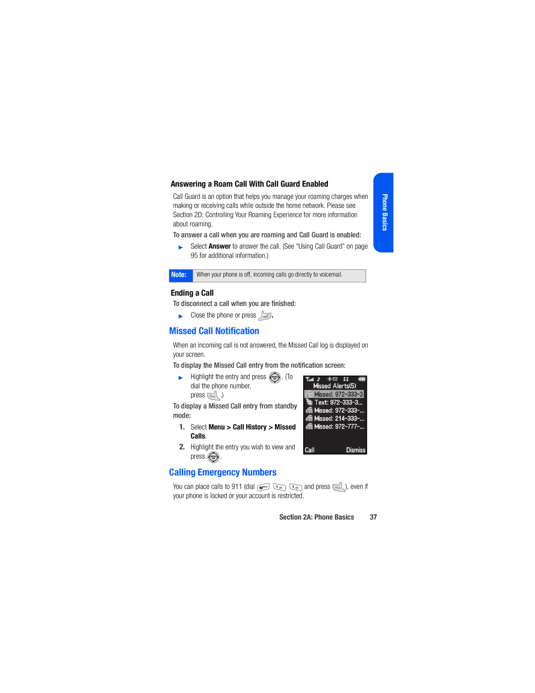Samsung M520 manual Missed Call Notification, Calling Emergency Numbers, Answering a Roam Call With Call Guard Enabled 