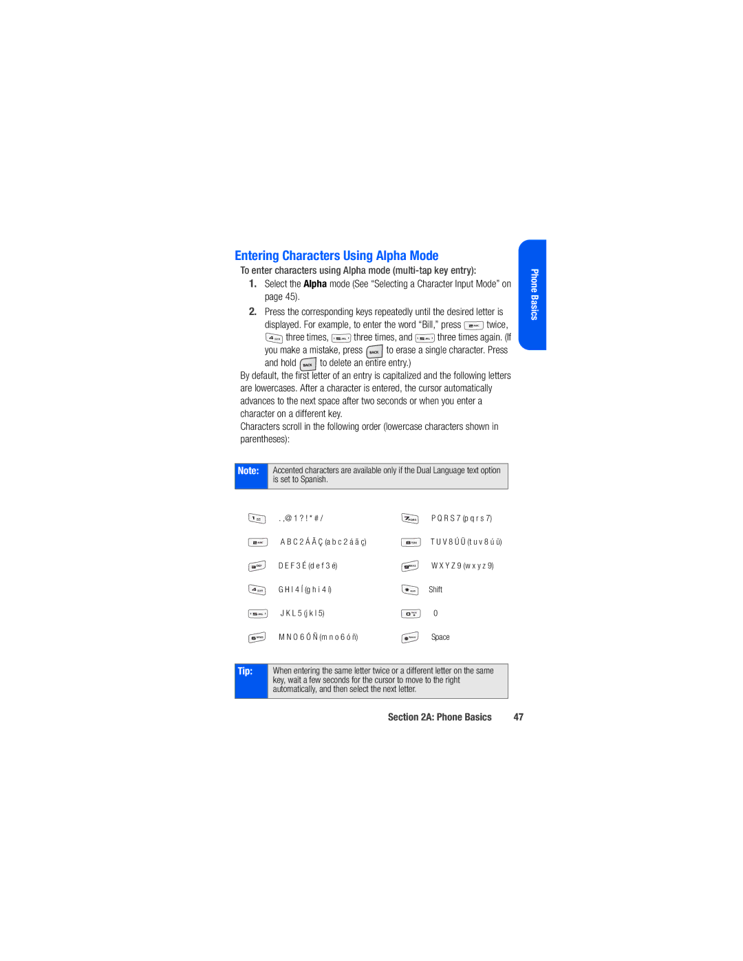 Samsung M520 manual Entering Characters Using Alpha Mode, To enter characters using Alpha mode multi-tap key entry 