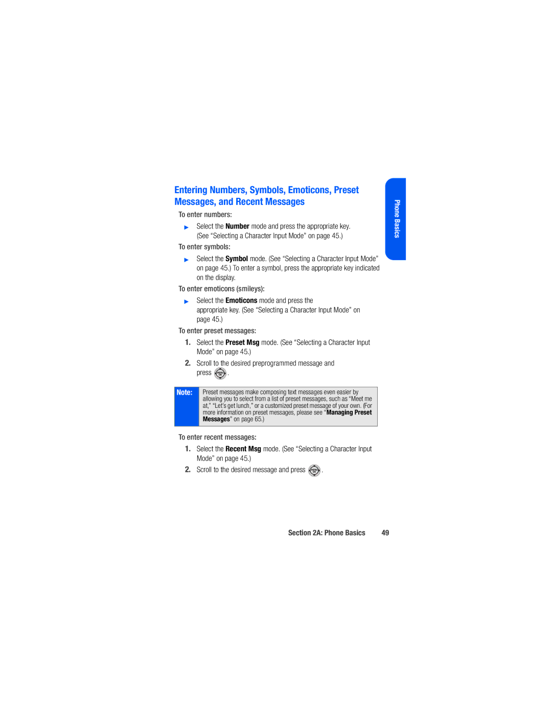 Samsung M520 manual To enter numbers, To enter symbols, To enter emoticons smileys, To enter preset messages 