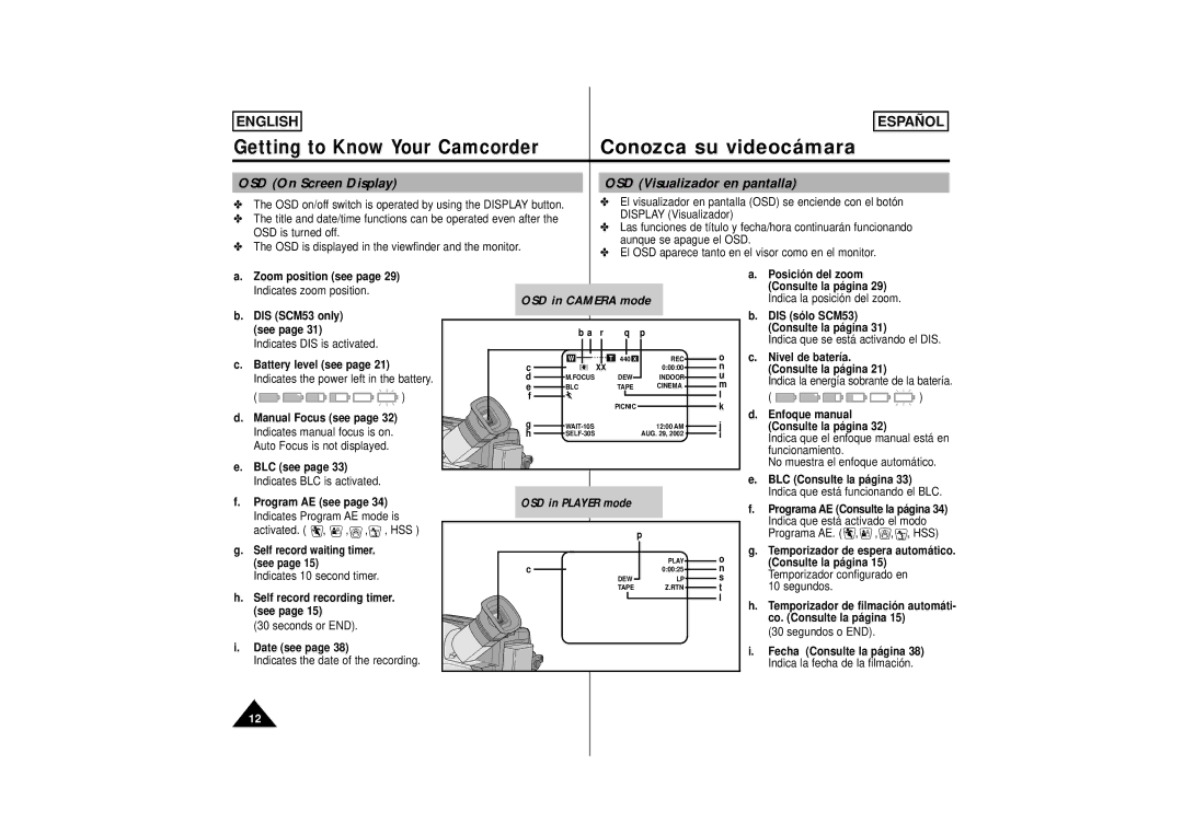 Samsung M53, M52, SCM51 manual OSD On Screen Display OSD Visualizador en pantalla 