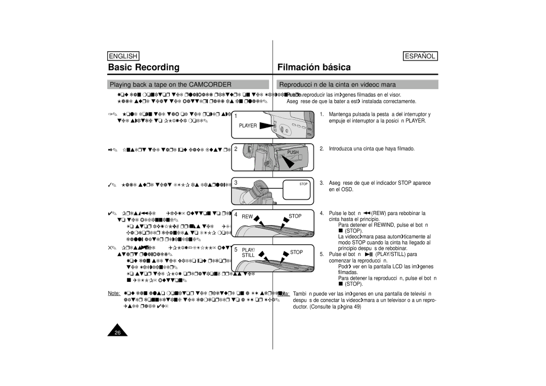 Samsung SCM51, M53, M52 manual Reproducción de la cinta en videocámara, Player, REW Stop, Play Stop, Still 