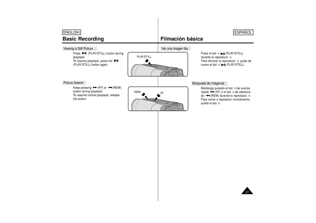 Samsung M53, M52, SCM51 Viewing a Still Picture Ver una imagen fija, Picture Search Búsqueda de imágenes, Play/Still, Rew 