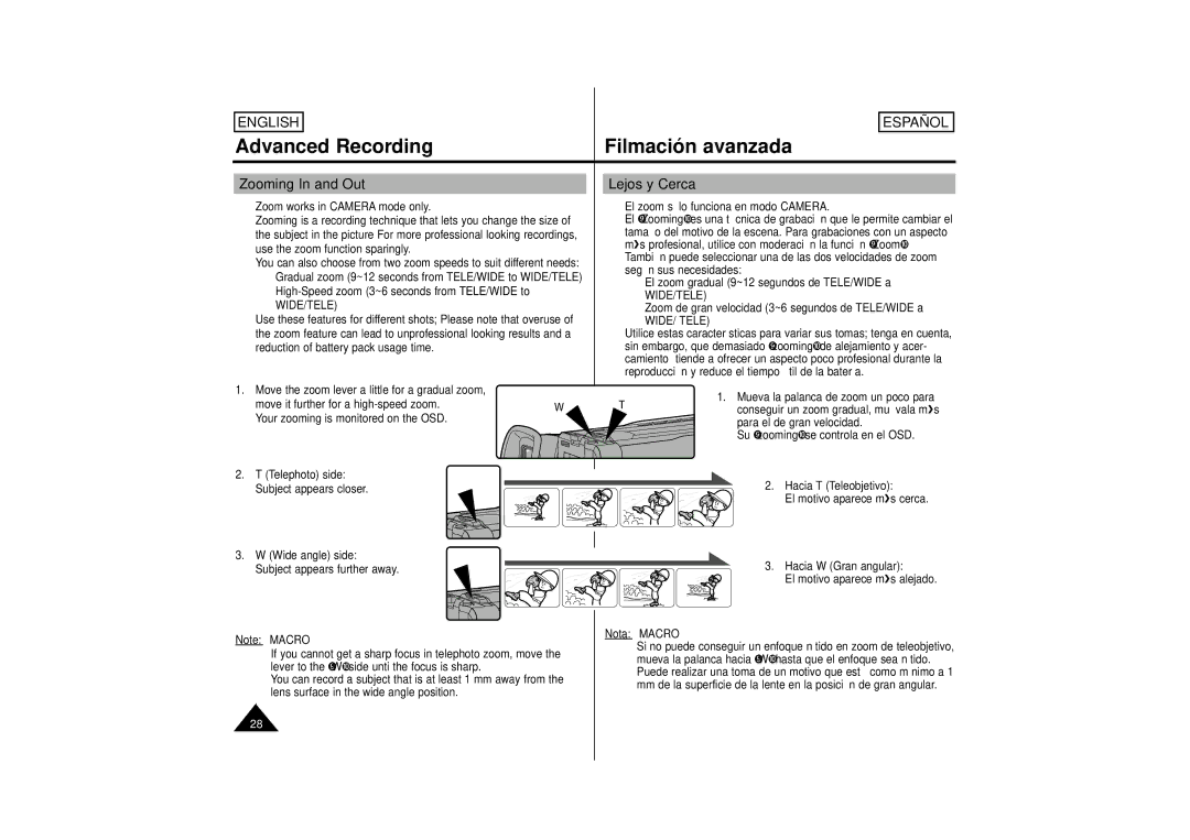 Samsung M52, M53, SCM51 manual Advanced Recording Filmación avanzada, Zooming In and Out Lejos y Cerca, Nota, Macro 