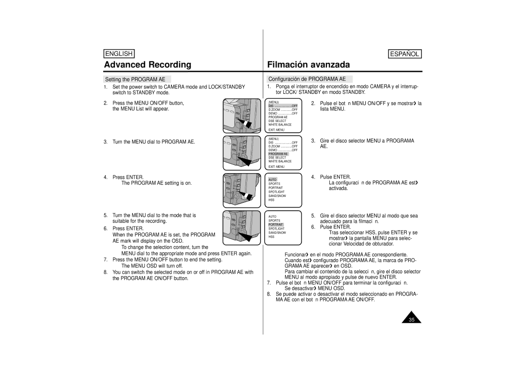 Samsung SCM51, M53, M52 manual Setting the Program AE Configuración de Programa AE 