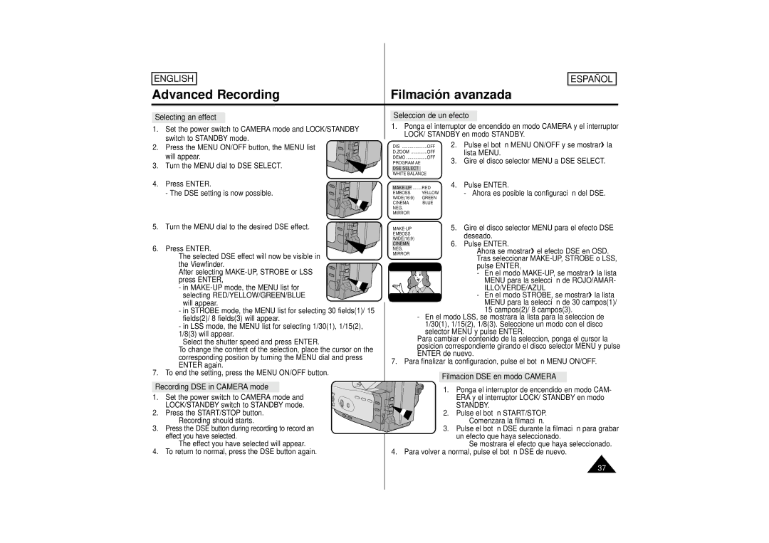Samsung M52, M53 Selecting an effect Seleccion de un efecto, Filmacion DSE en modo Camera, Recording DSE in Camera mode 