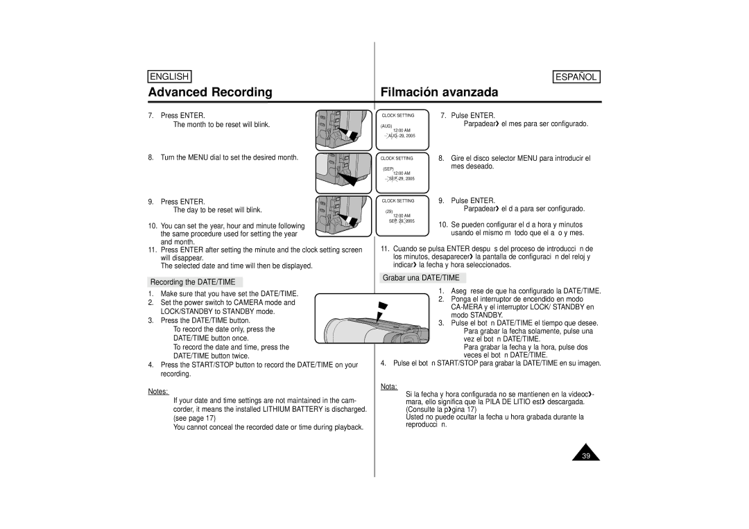 Samsung M53, M52, SCM51 manual Advanced Recording, Recording the DATE/TIME Grabar una DATE/TIME 