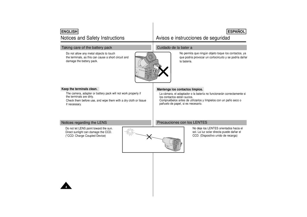 Samsung M52, M53, SCM51 manual Taking care of the battery pack Cuidado de la batería, Precauciones con los Lentes 