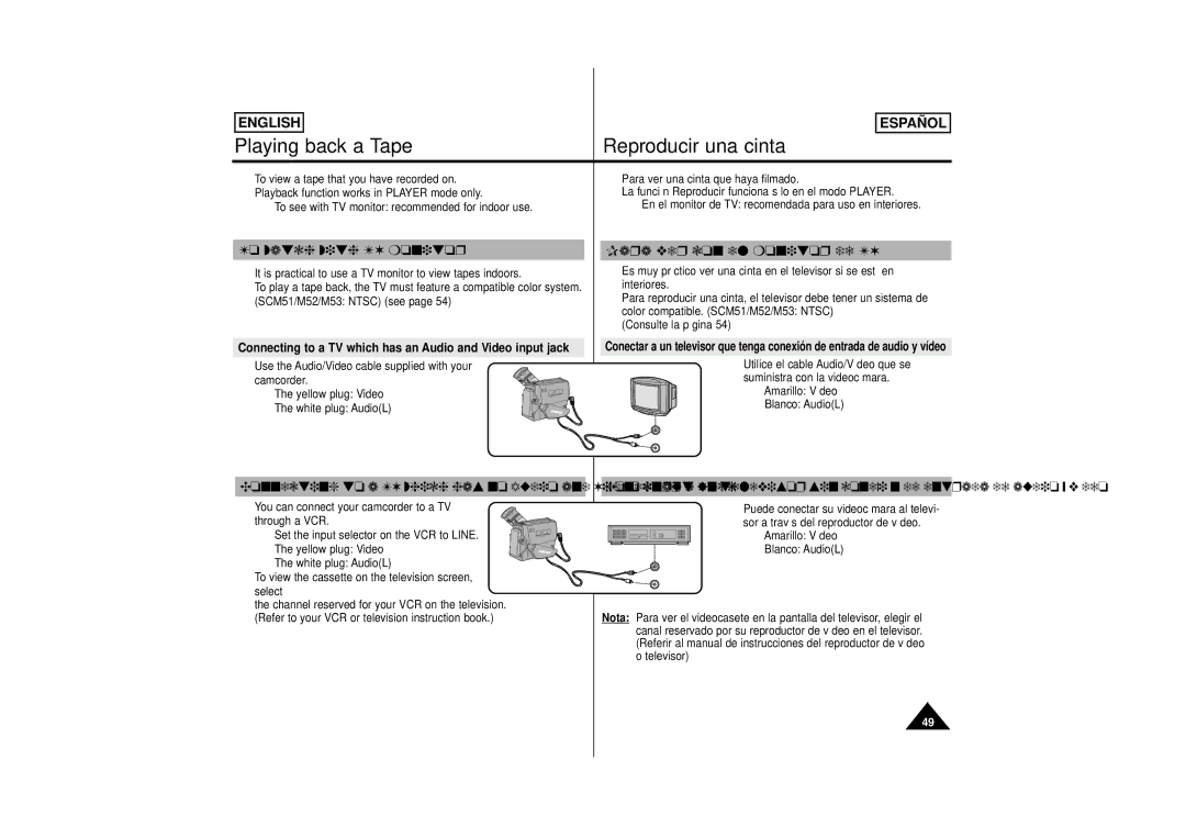 Samsung M52, M53, SCM51 Playing back a Tape Reproducir una cinta, To watch with TV monitor Para ver con el monitor de TV 
