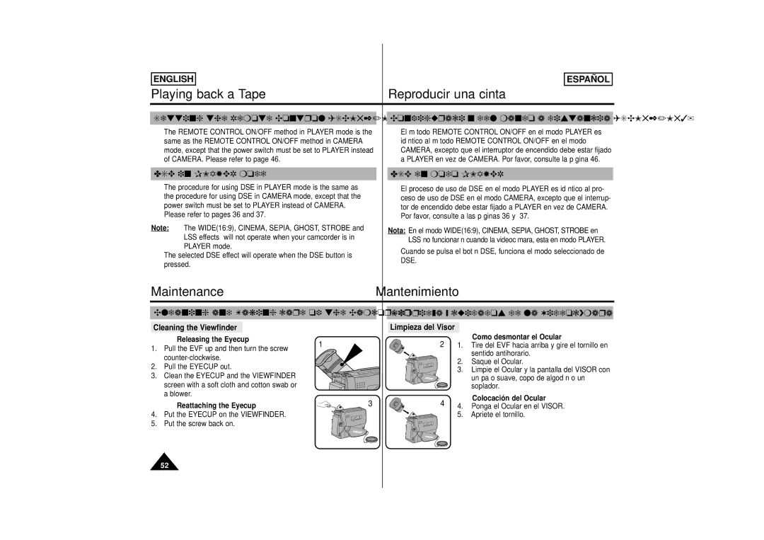Samsung M52, M53, SCM51 manual Maintenance Mantenimiento, DSE in Player mode DSE en modo Player, Cleaning the Viewfinder 