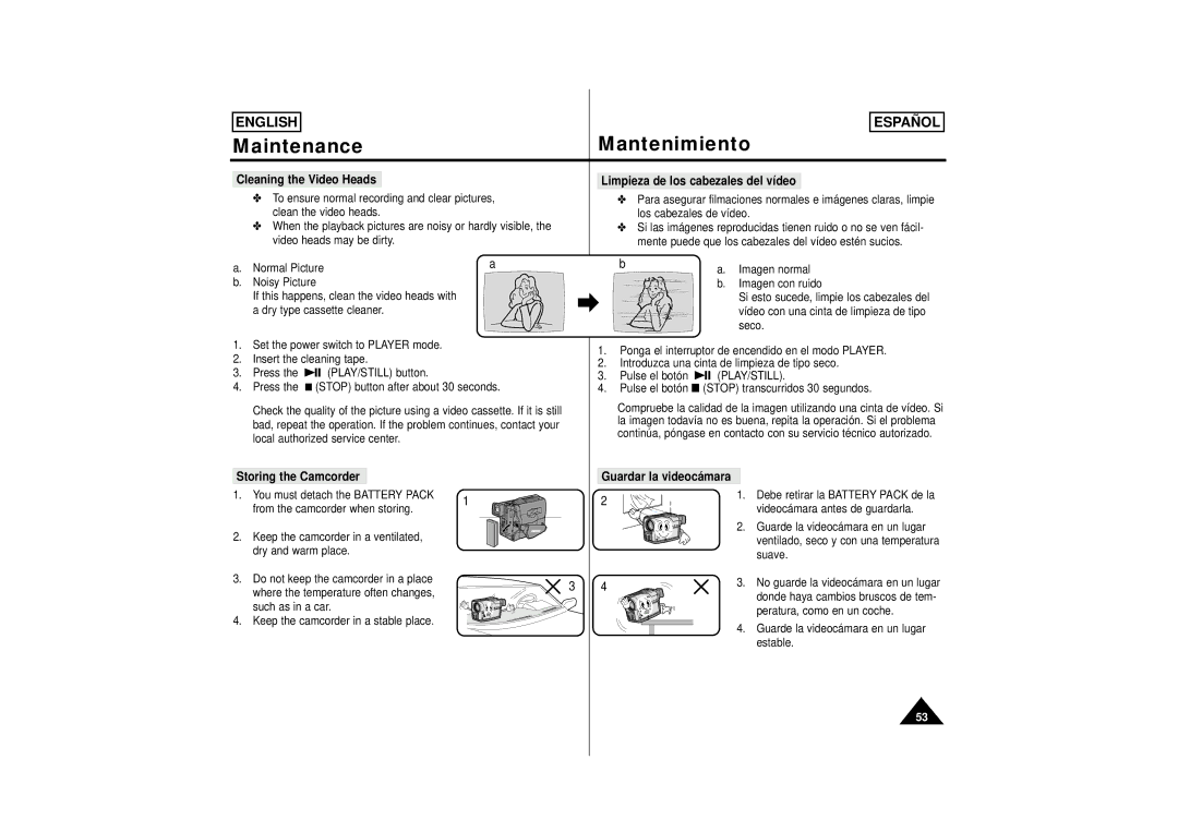 Samsung SCM51, M53, M52 Storing the Camcorder, Si esto sucede, limpie los cabezales del, Local authorized service center 