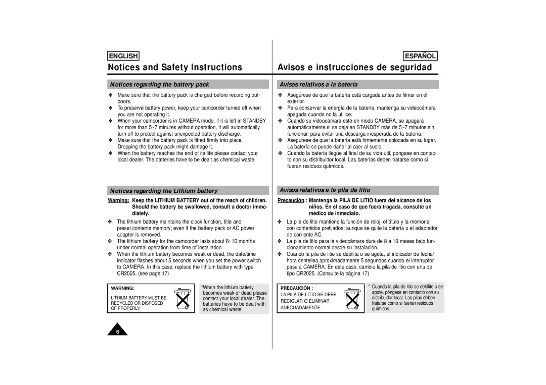 Samsung M53, M52, SCM51 manual Avisos relativos a la batería, Avisos relativos a la pila de litio, When the lithium battery 