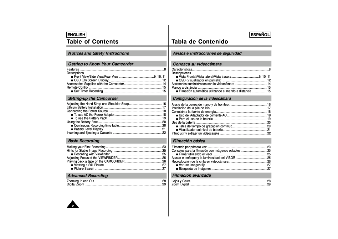 Samsung SCM51 Table of Contents, Tabla de Contenido, Notices and Safety Instructions, Avisos e instrucciones de seguridad 