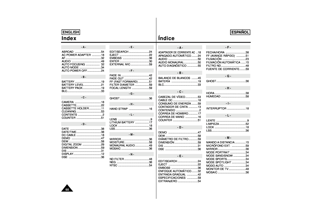 Samsung M53, M52, SCM51 manual Index, Índice, English, Español 