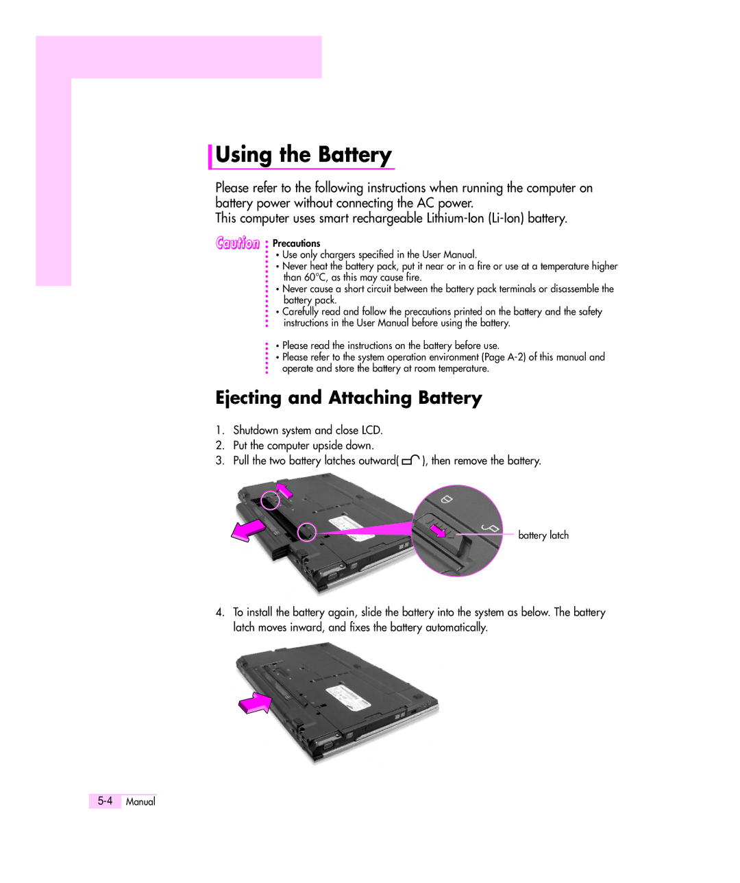 Samsung M55 manual Using the Battery, Ejecting and Attaching Battery 