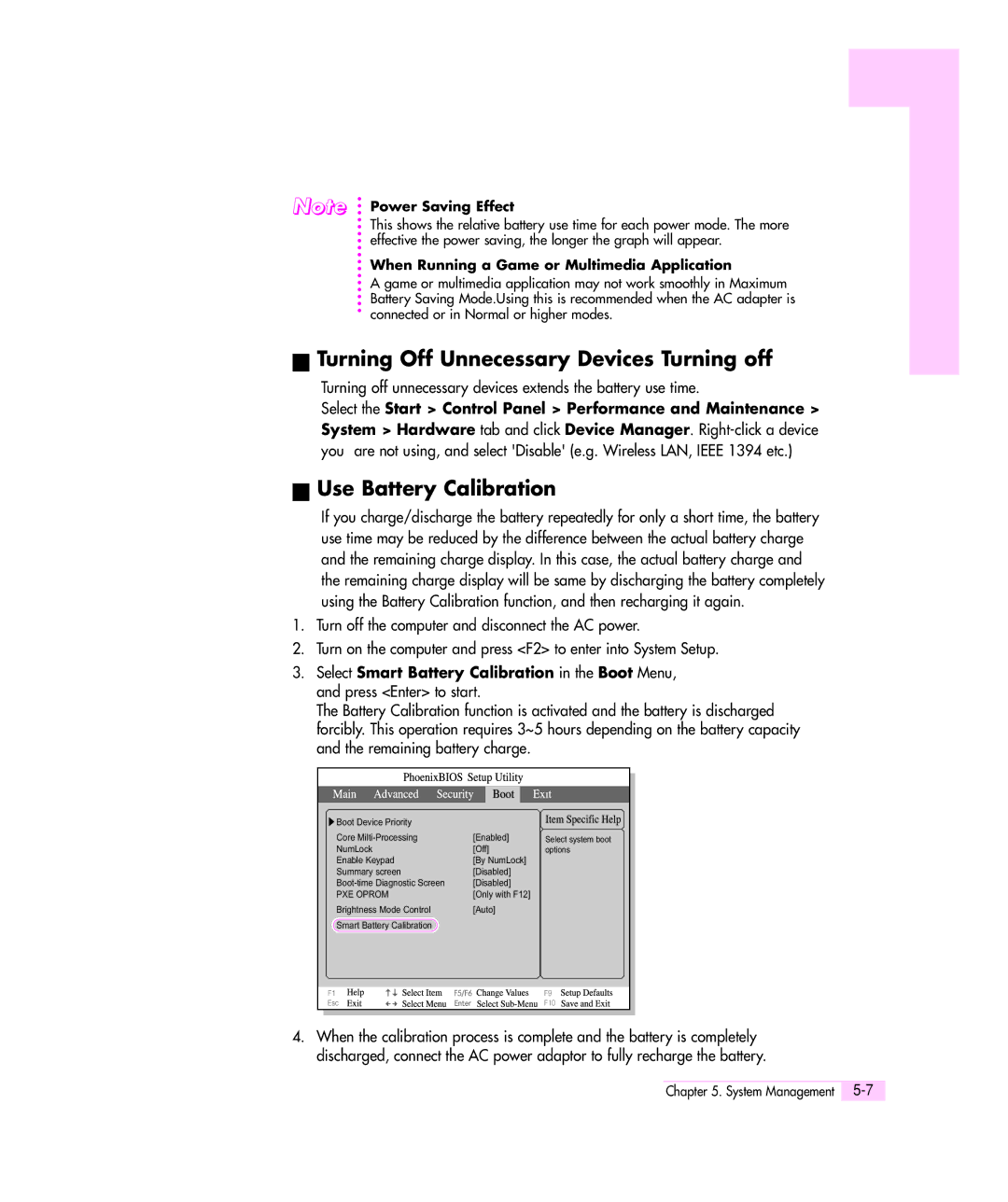 Samsung M55 manual Turning Off Unnecessary Devices Turning off, Use Battery Calibration 