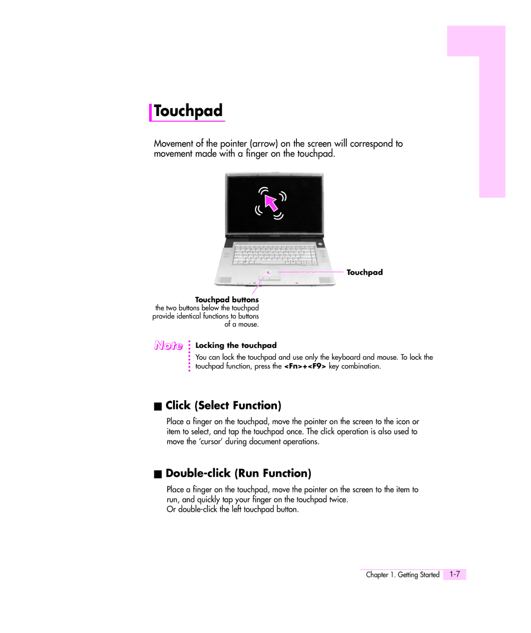 Samsung M55 manual Touchpad, Click Select Function, Double-click Run Function 