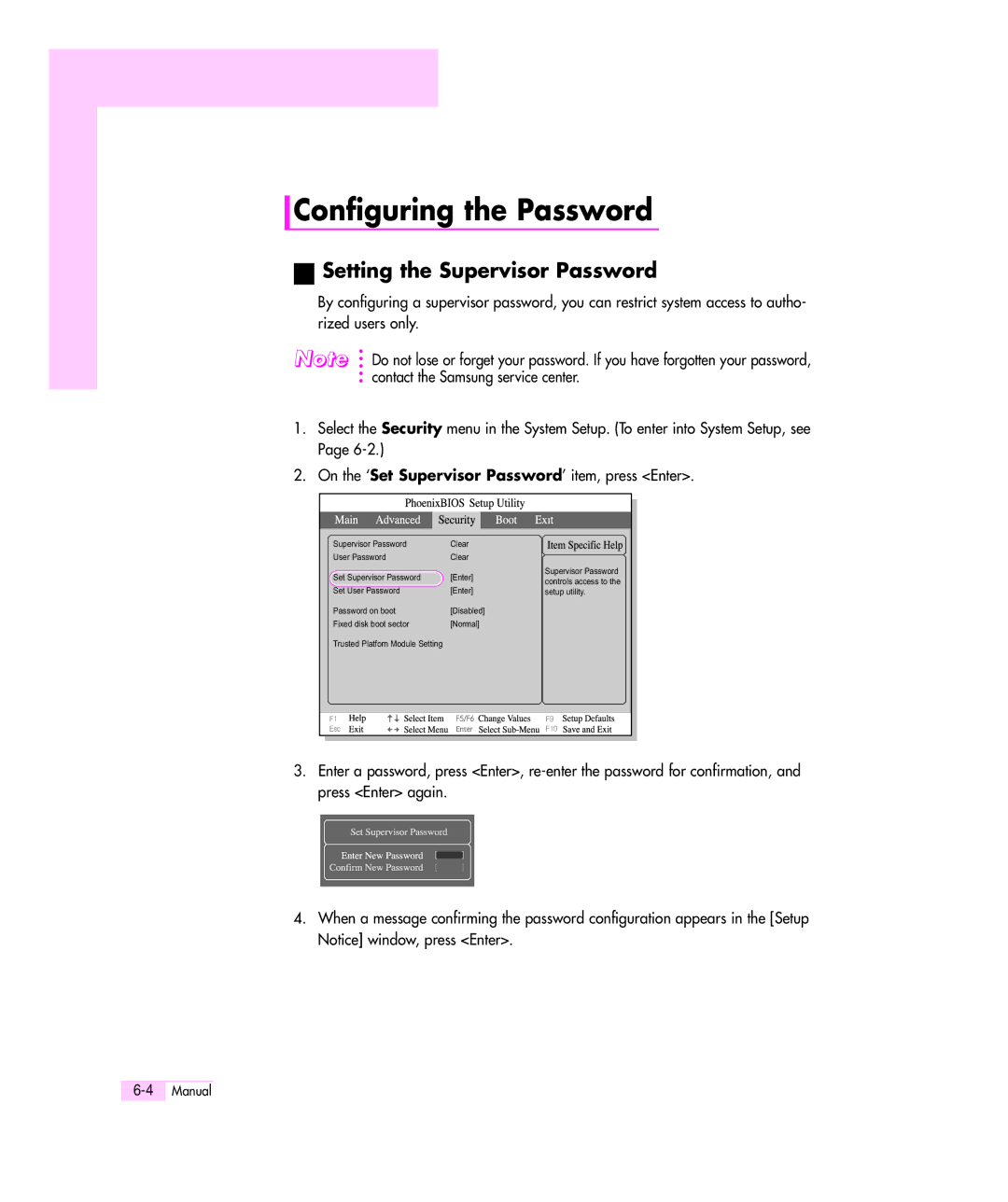 Samsung M55 manual Configuring the Password, Setting the Supervisor Password 