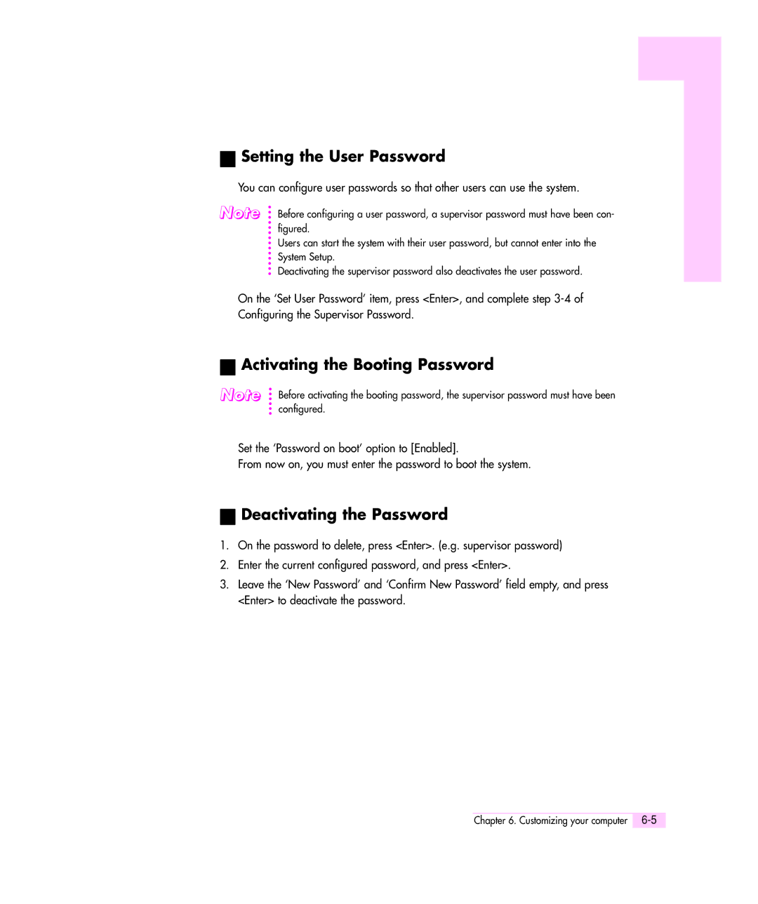 Samsung M55 manual Setting the User Password, Activating the Booting Password, Deactivating the Password 