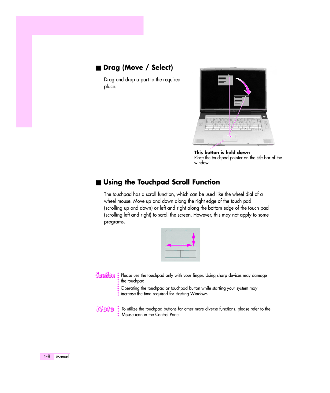 Samsung M55 manual Drag Move / Select, Using the Touchpad Scroll Function, Drag and drop a part to the required place 