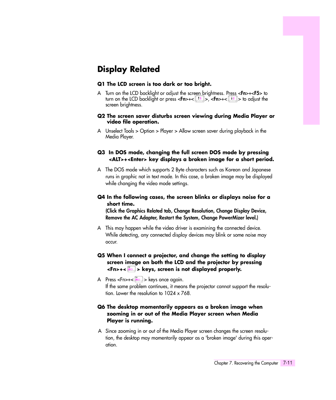 Samsung M55 manual Display Related, Q1 The LCD screen is too dark or too bright 