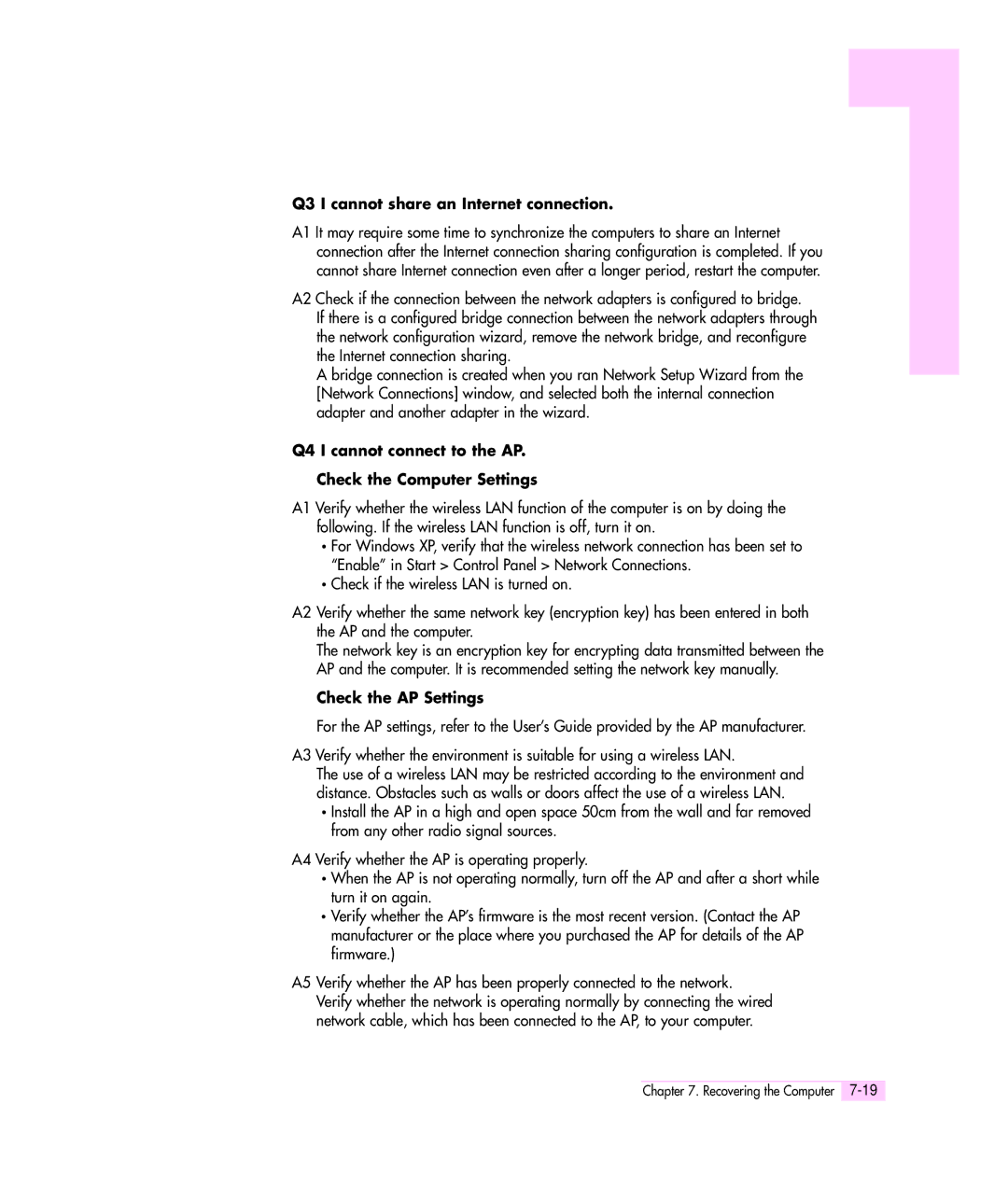 Samsung M55 manual Q3 I cannot share an Internet connection, Q4 I cannot connect to the AP Check the Computer Settings 