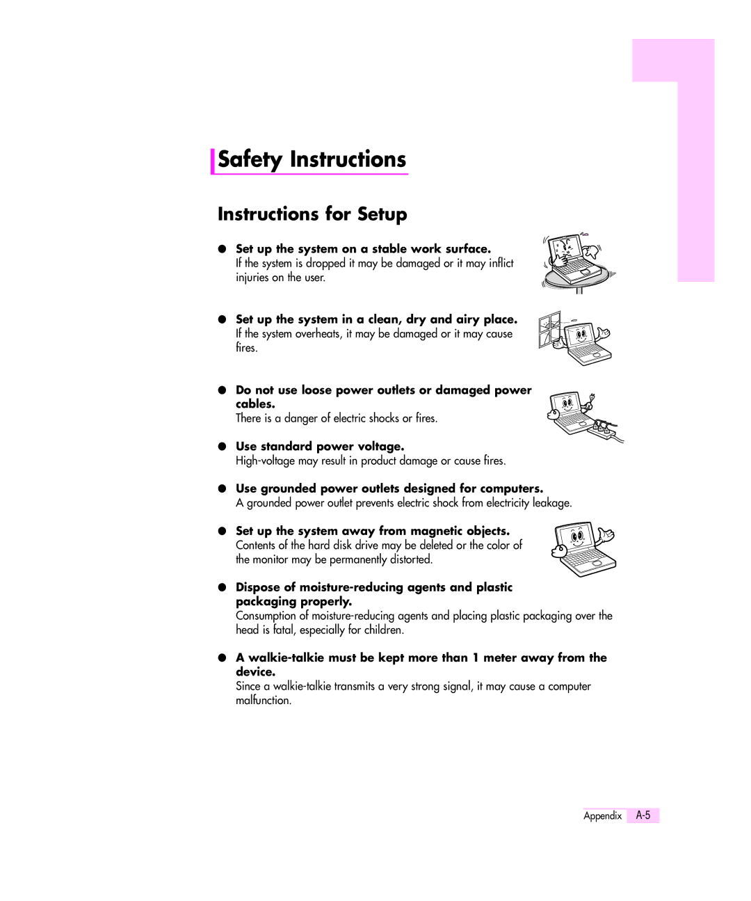 Samsung M55 manual Safety Instructions, Instructions for Setup, Set up the system on a stable work surface 