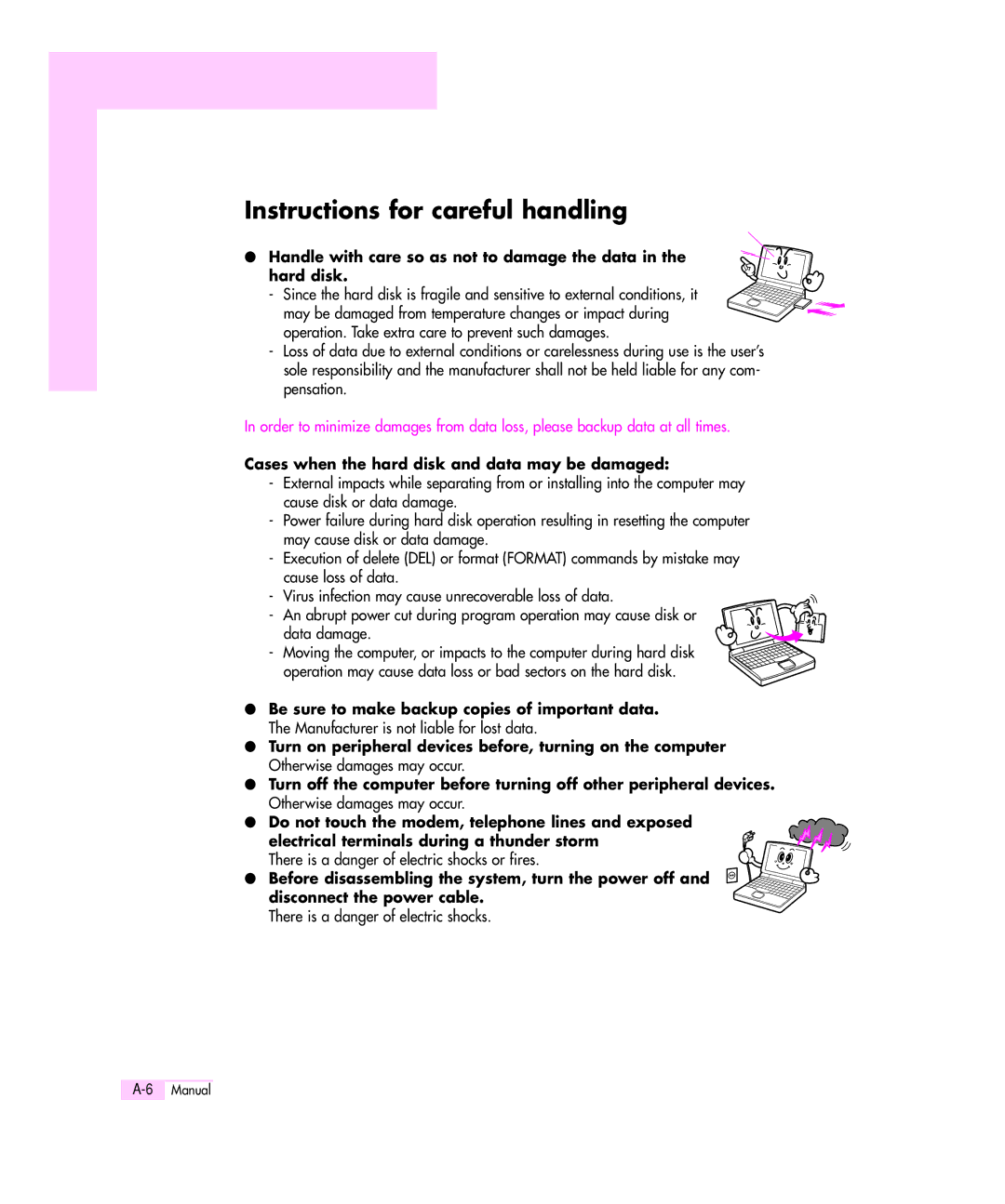 Samsung M55 manual Instructions for careful handling, Cases when the hard disk and data may be damaged 