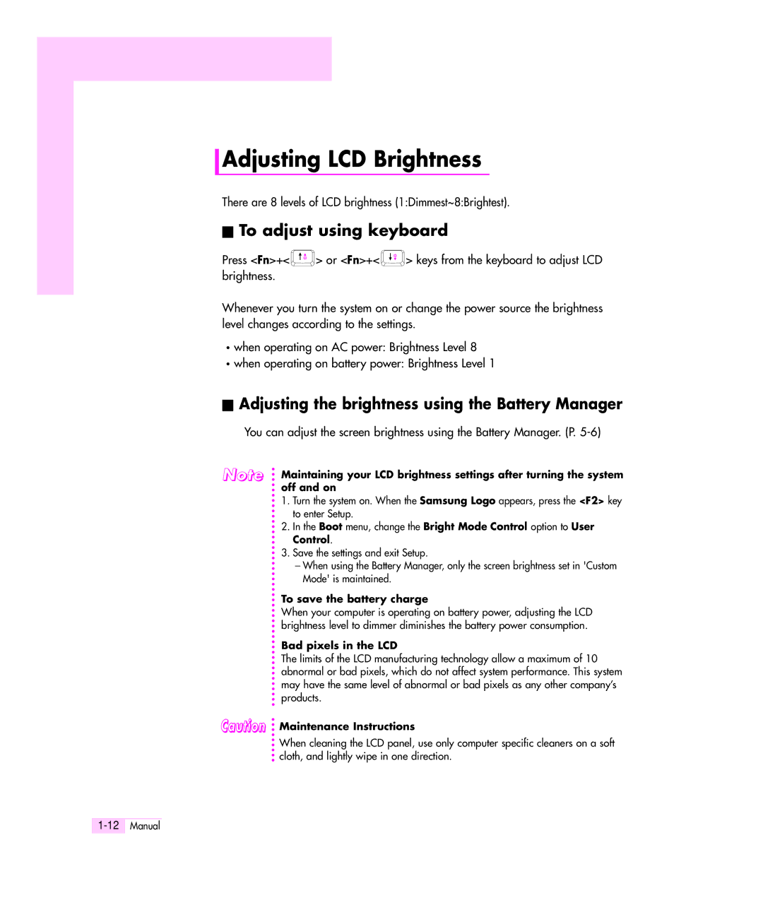 Samsung M55 manual Adjusting LCD Brightness, To adjust using keyboard, Adjusting the brightness using the Battery Manager 