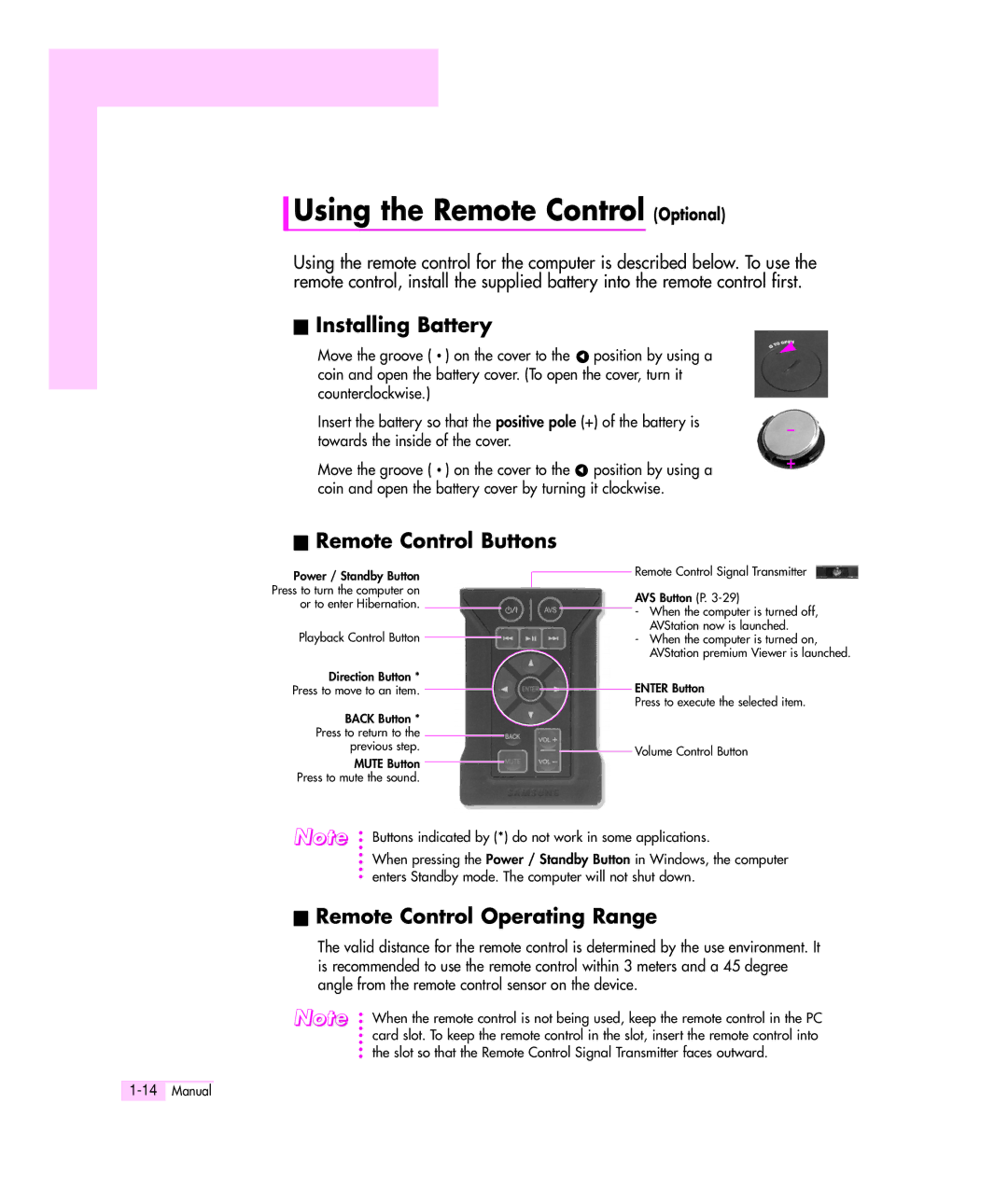 Samsung M55 Using the Remote Control Optional, Installing Battery, Remote Control Buttons, Remote Control Operating Range 