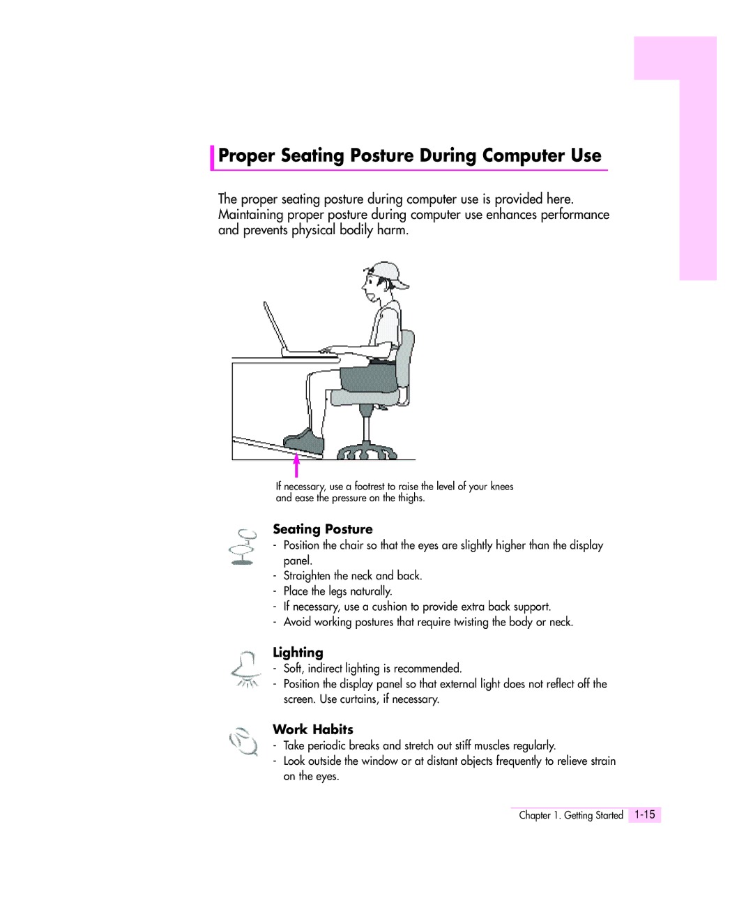 Samsung M55 manual Proper Seating Posture During Computer Use 