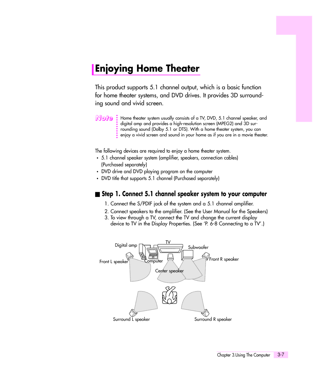 Samsung M55 manual Enjoying Home Theater, Connect 5.1 channel speaker system to your computer 