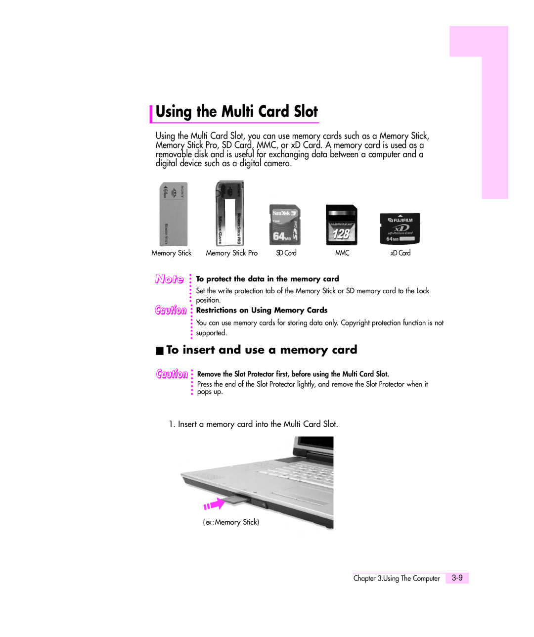 Samsung M55 Using the Multi Card Slot, To insert and use a memory card, Insert a memory card into the Multi Card Slot 