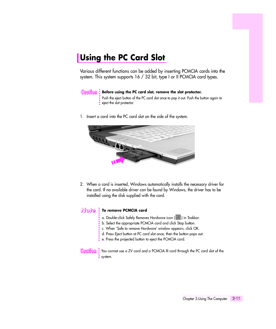 Samsung M55 manual Using the PC Card Slot 