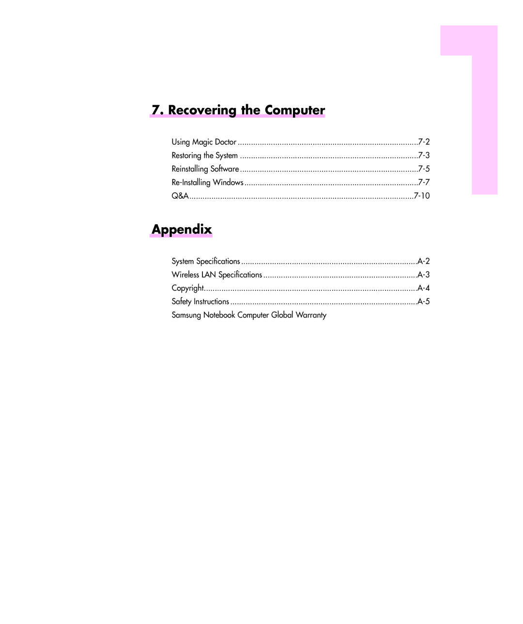 Samsung M55 manual Recovering the Computer, Appendix, Using Magic Doctor, System Specifications 