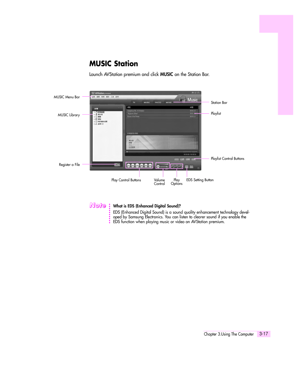 Samsung M55 manual Music Station, Launch AVStation premium and click Music on the Station Bar 