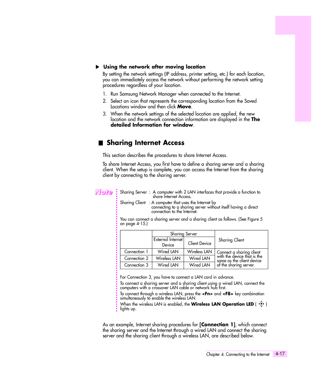 Samsung M55 manual Sharing Internet Access, Using the network after moving location 