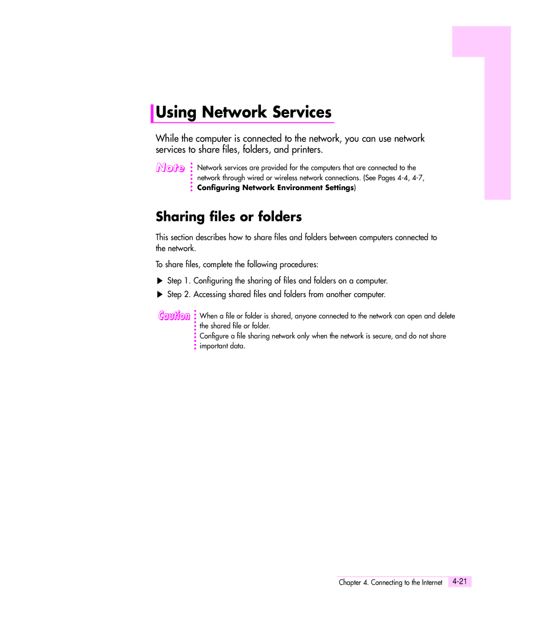 Samsung M55 manual Using Network Services, Sharing files or folders, Configuring Network Environment Settings 