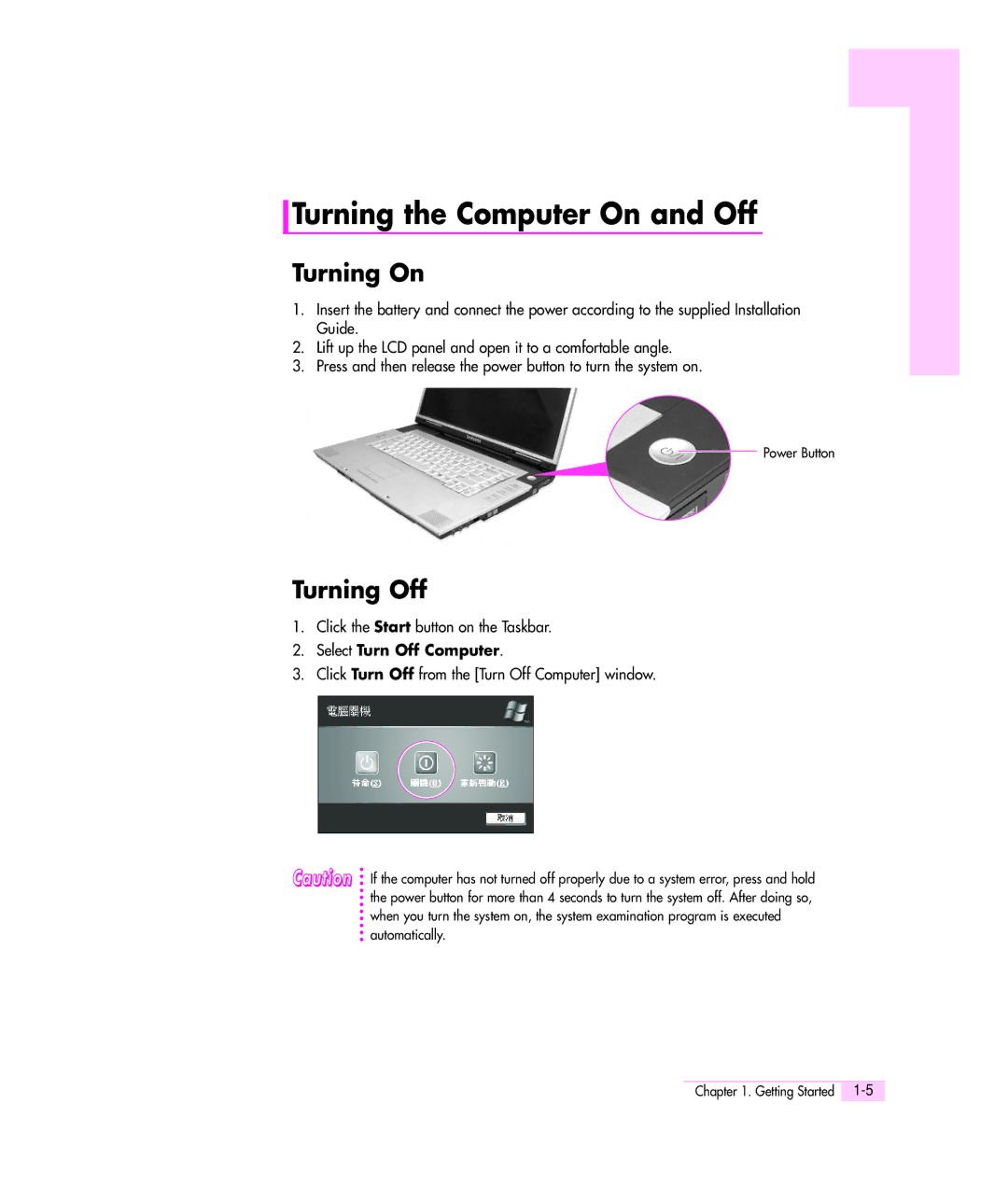 Samsung M55 manual Turning the Computer On and Off, Turning On, Turning Off, Select Turn Off Computer 