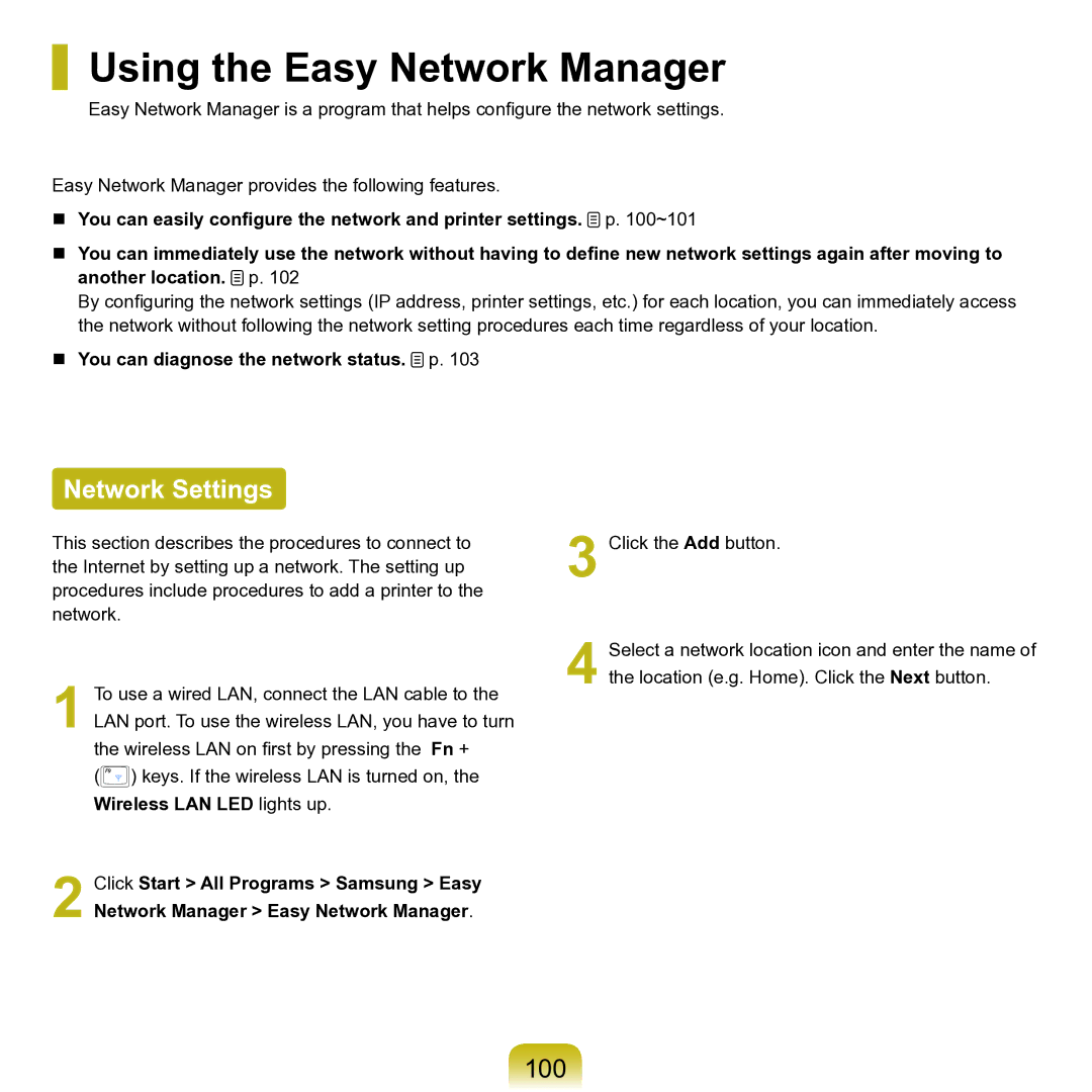 Samsung M60 manual Using the Easy Network Manager, Network Settings, 100,  You can diagnose the network status. p 