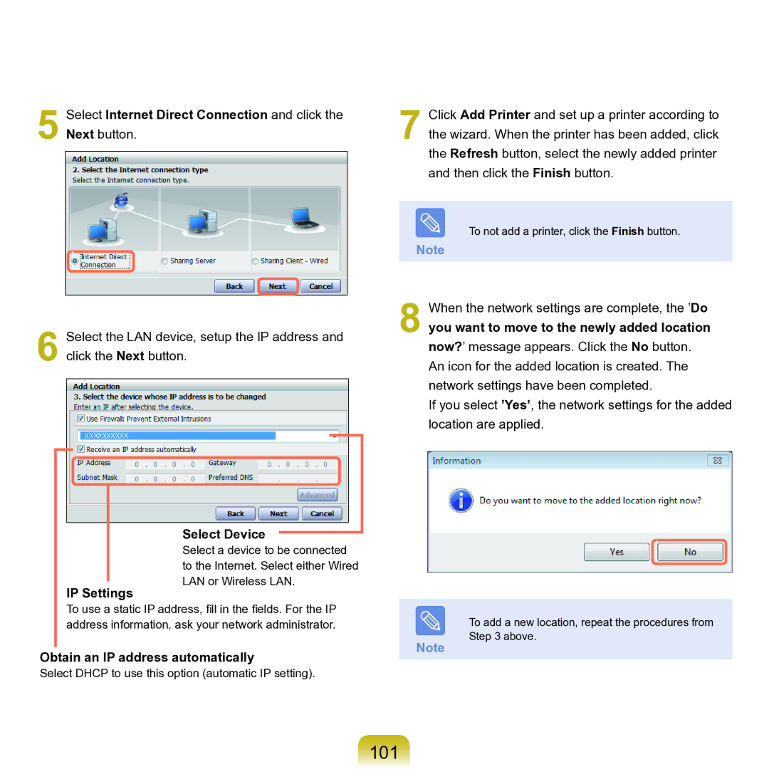 Samsung M60 manual 101, Select Internet Direct Connection and click the Next button, IP Settings Select Device 