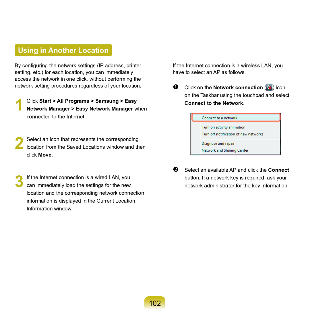 Samsung M60 manual Using in Another Location, 102, Connect to the Network 