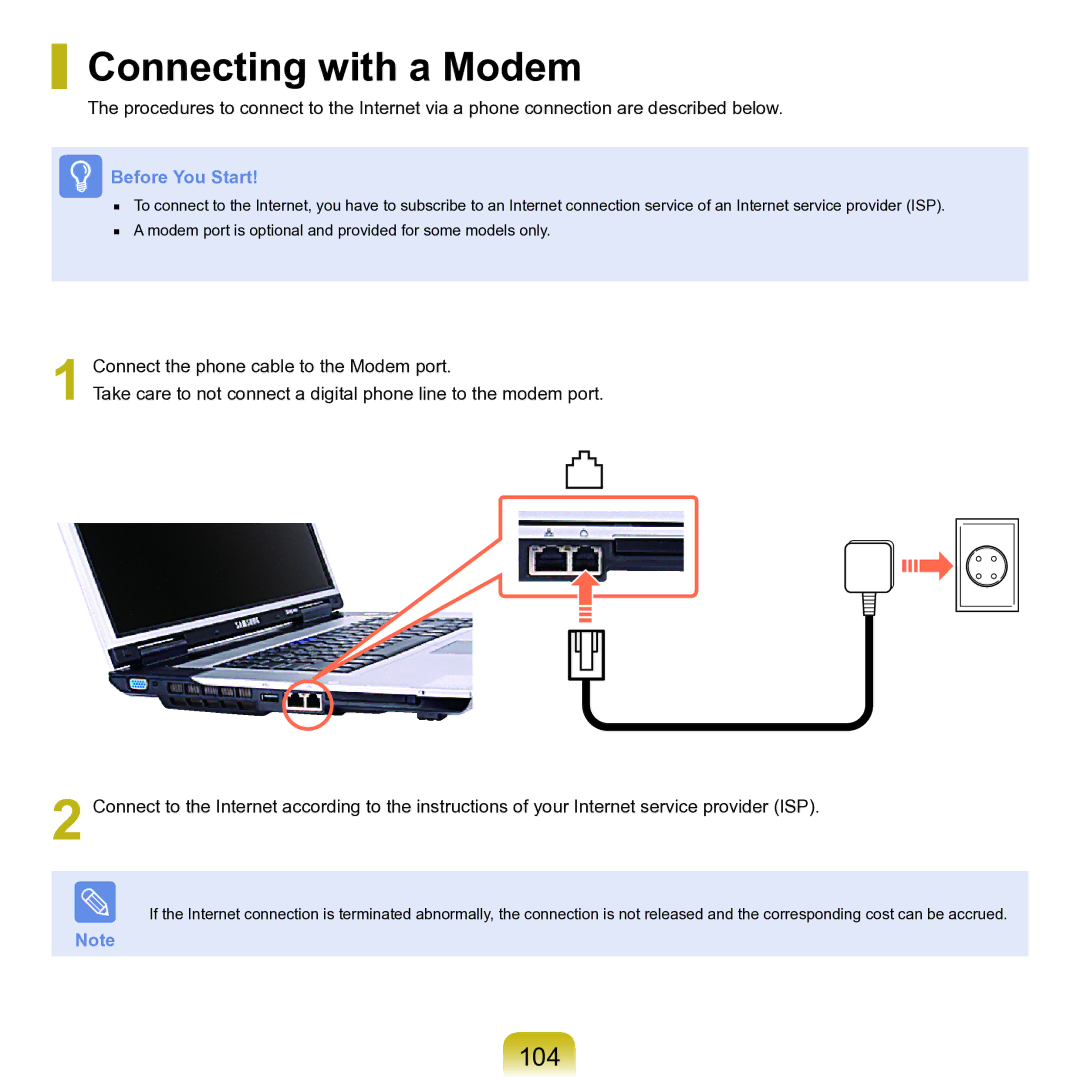 Samsung M60 manual Connecting with a Modem, 104 