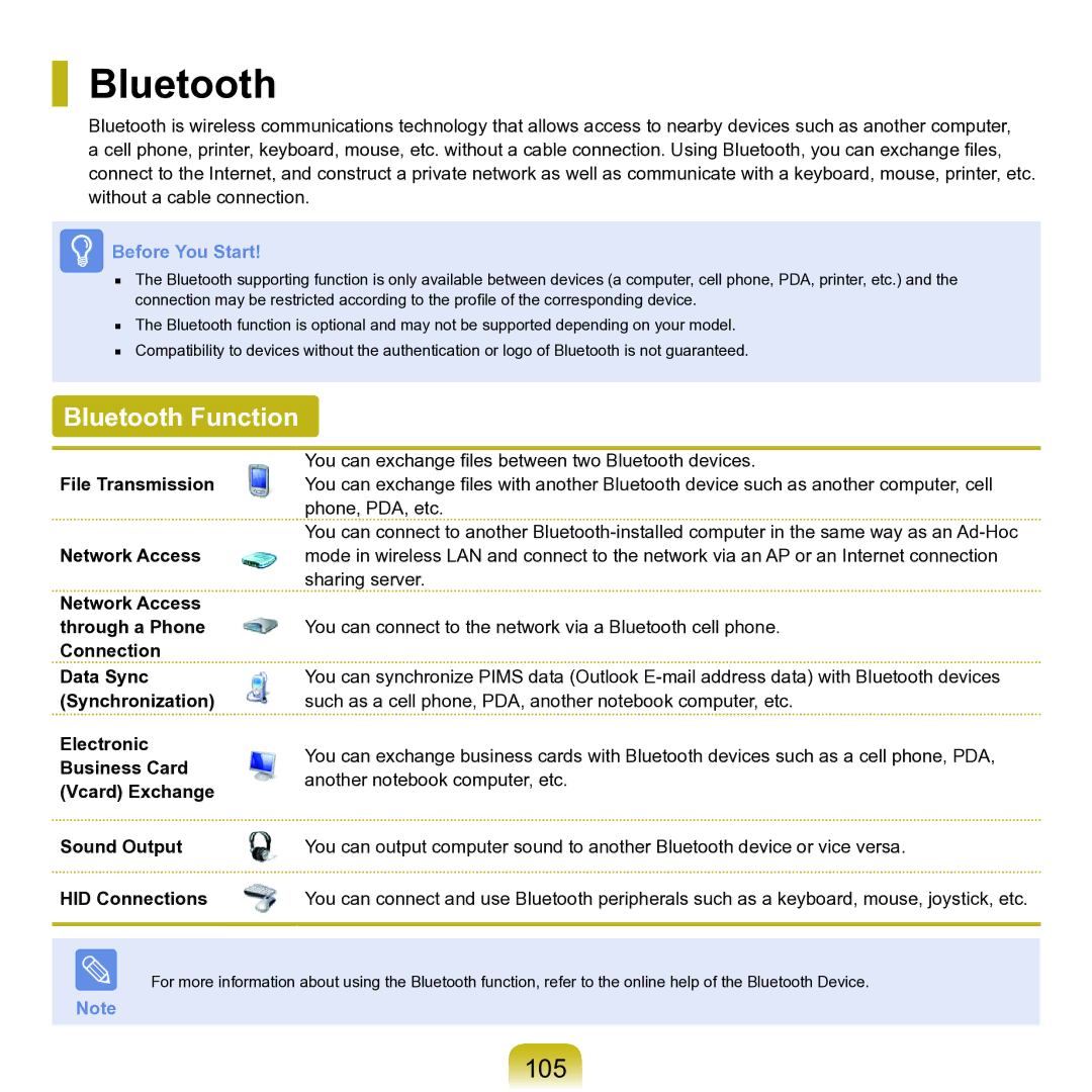 Samsung M60 manual Bluetooth Function, 105 