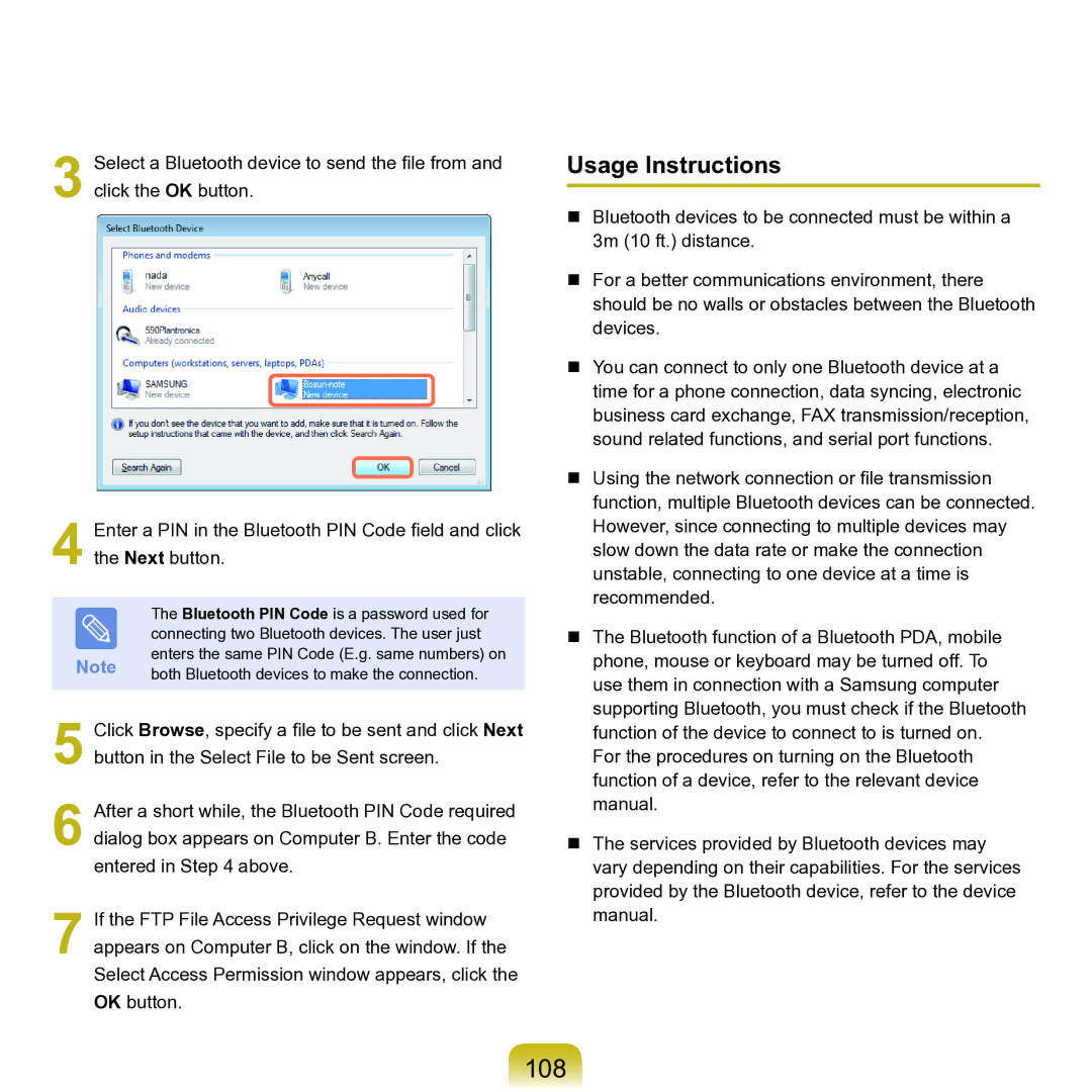 Samsung M60 manual 108, Usage Instructions 