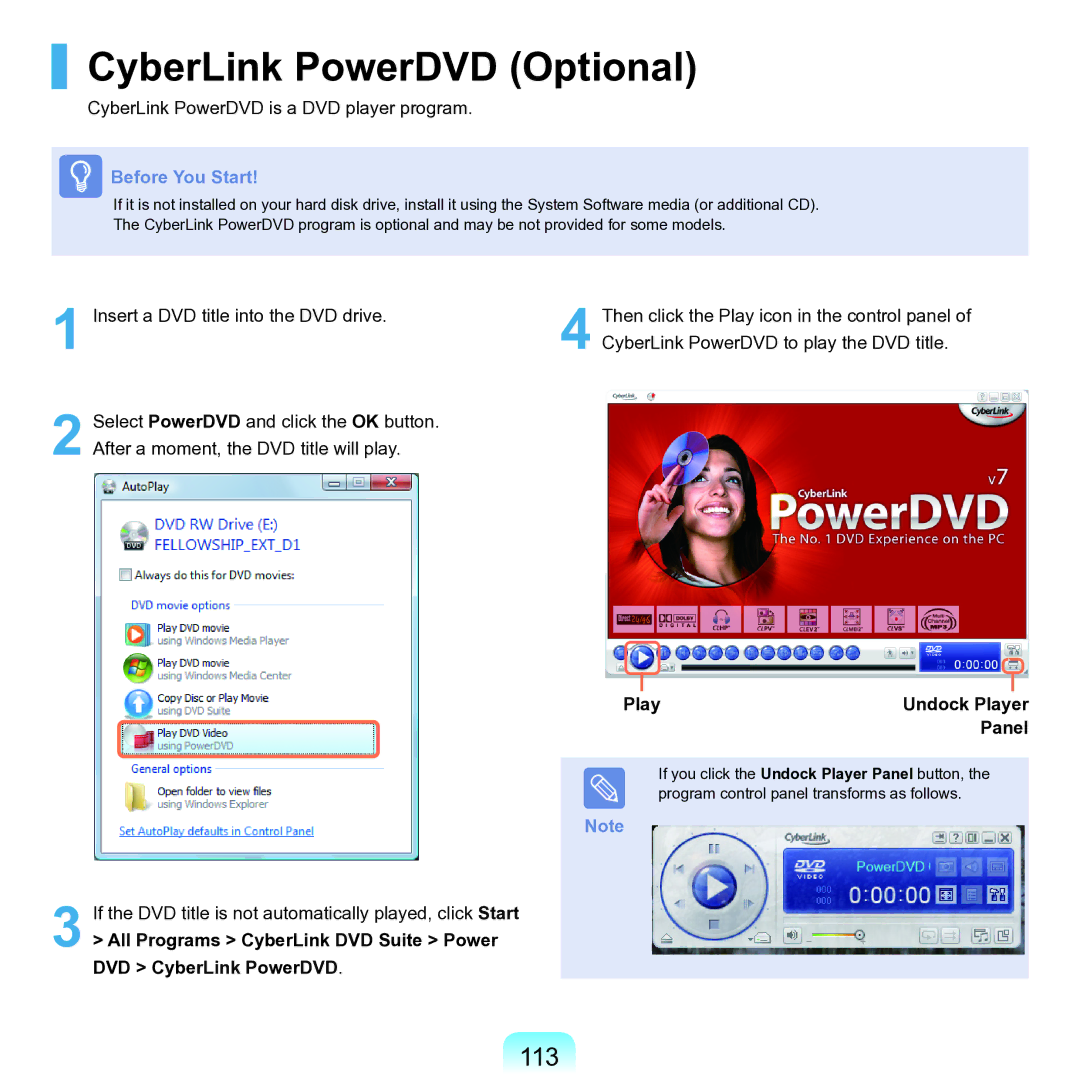 Samsung M60 manual CyberLink PowerDVD Optional, 113, Play Undock Player Panel 