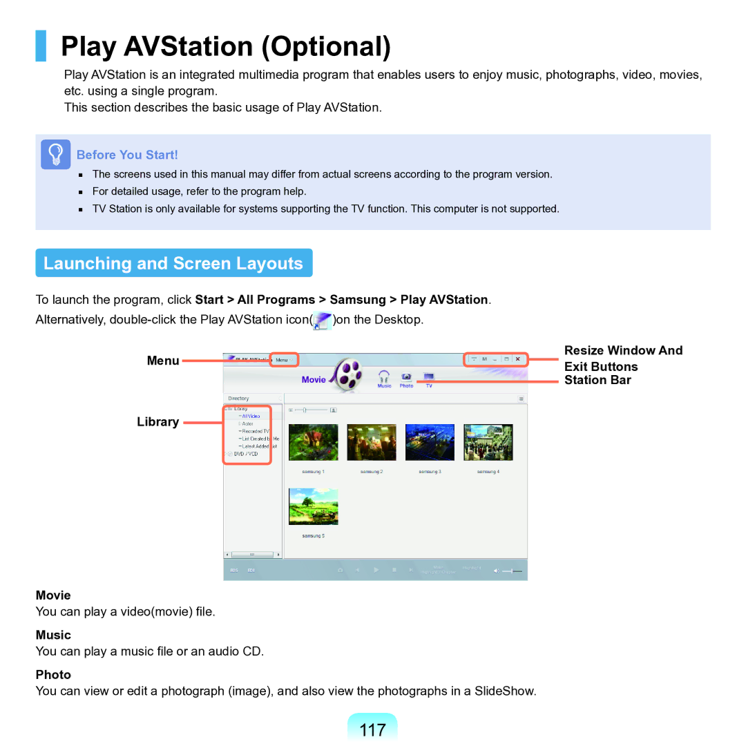 Samsung M60 manual Play AVStation Optional, Launching and Screen Layouts, 117 