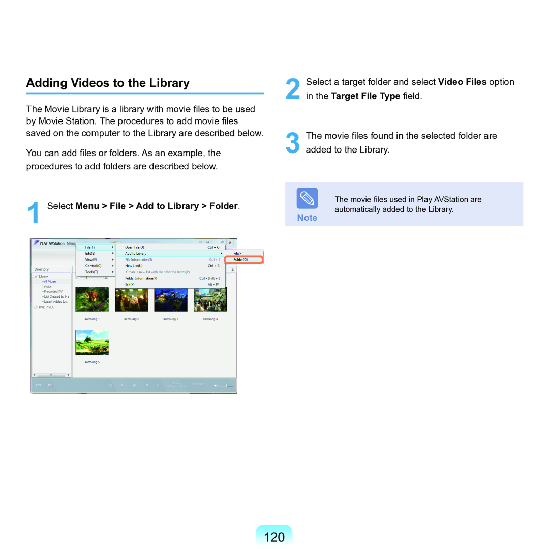 Samsung M60 manual 120, Adding Videos to the Library, Select Menu File Add to Library Folder 