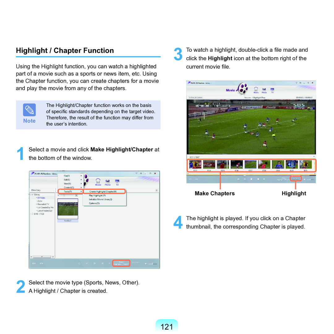 Samsung M60 manual 121, Highlight / Chapter Function, Make Chapters Highlight 