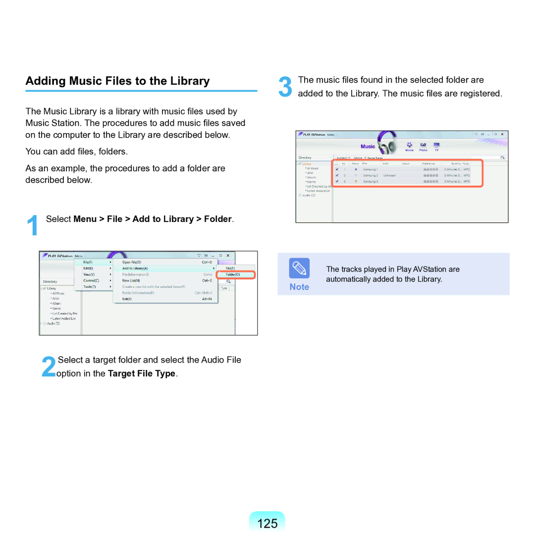 Samsung M60 manual 125, Adding Music Files to the Library 