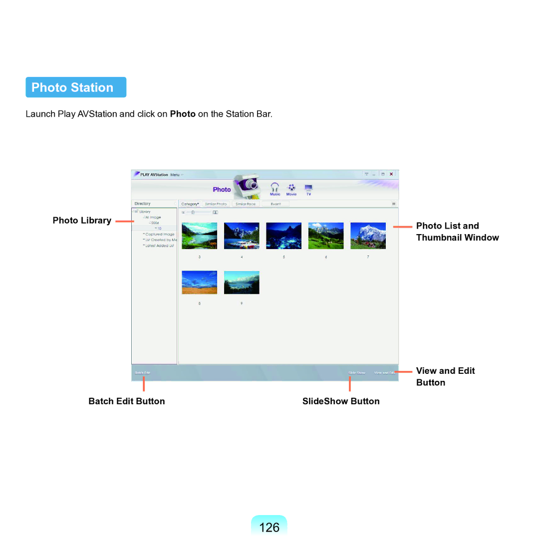 Samsung M60 manual Photo Station, 126, Photo Library Photo List, View and Edit Button Batch Edit Button SlideShow Button 